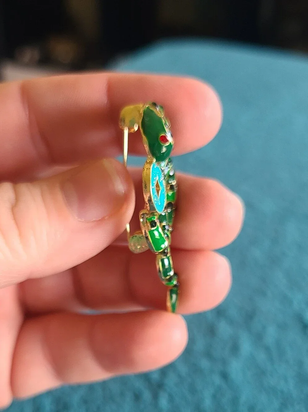 Vintage Green Enamel Snake Brooch with Turquoise Accent
